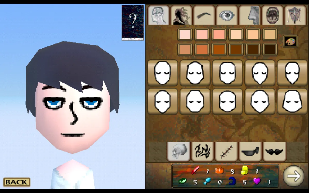 Sinner Maker character creator screen with a sinner face preview, facial-part tabs, skin colors, and sin score icons.